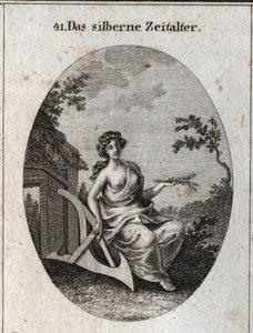 Alegoria da era da prata com um cabo de episódio para cultivar a terra e a madeira para fazer cabanas. Gravação em "Iconologie oder Ideen aus dem Gebiet der Leidenschaften und Allegorien bildestellt fur Zeichner, Mahler, Dichter, Gelehrte, Erzieher und de Austrian School