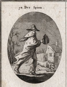A alegoria do espião. O seu casaco está espalhado com olhos e ouvidos e segura uma lanterna surda. Um cão de raça cheira o terreno. Gravura em "Iconologie oder Ideen aus dem Gebiete der Leidenschaften und Allegorien bildestellt dargestellt fur Zeichner, Ma de Austrian School