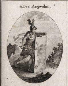 A alegoria da suspeita corta atrás de um escudo sobre o qual está um leão, símbolo da suspeita segundo aristóteles, e um galo sobre o capacete que representa a vigilância. Gravação em "Iconologie oder Ideen aus dem Gebiete der Leidenschaften und Alleg de Austrian School