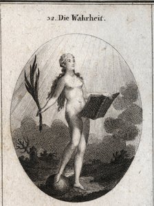 Alegoria da verdade representada nua sem artifício e olhares naturais para a luz do sol. A palma da mão simboliza o triunfo da fraude e o livro representa o estudo. Gravura em "Iconologie oder Ideen aus dem Gebiete der Leidenschaften und Allegor". de Austrian School