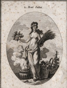 Alegoria do ano rodeada de símbolos das quatro estações (grinalda de flores para a primavera, grinalda de trigo para o verão, cesta de razão para o outono e vaso de fogo para o inverno). O ano está meio disfarçado em referência aos graus de calor e frio co de Austrian School