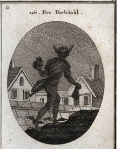 Alegoria de roubo representada por um homem caminhando na noite com uma lanterna surda e uma bolsa nas mãos. As asas nos seus pés mostram que ele está pronto para correr. Gravação em "Iconologie oder Ideen aus dem Gebiete der Leidenschaften und Allegorien  de Austrian School