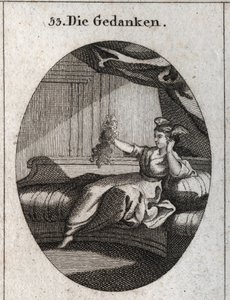 Alegoria de pensamentos representados com asas na cabeça e segurando um monte de fios emmeles imagem do embaraço que os vários pensamentos dão. Gravura em "Iconologie oder Ideen aus dem Gebiete der Leidenschaften und Allegorien bildich darges". de Austrian School