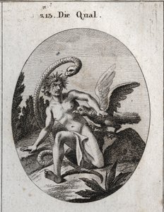 Alegoria de tormento. A sua cabeça rodeada de espinhos significa tormentos da mente. A serpente diz que o medo do perigo a torna mais formidável. Um abutre come o seu coração. Gravação em "Iconologie oder Ideen aus dem Gebiete der Leidenschaften und Allego de Austrian School