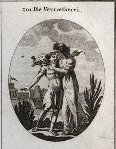 Alegoria de traição. Uma velha horrível acaricia um jovem bonito e, ao mesmo tempo, prepara-se para o esfaquear. Gravura em "Iconologia ou Ideias do Campo das Paixões e Alegorias ilustradas pictóricamente para desenhistas, pintores, poetas, Gele de Austrian School