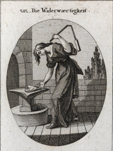 Alegoria de tribulação. Ela segura um coração numa bigorna e o bate com uma pequena flor para marcar que a tribulação tira tudo o que é rude e impuro. Gravura em "Iconologie oder Ideen aus dem Gebiete der Leidenschaften und Allegorien bildich darges de Austrian School