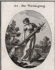 Alegoria da união. coroada com oliveira símbolo da paz, e alegria representando o alívio. Flui sobre um monte de paus firmemente amarrados sem dobrar a imagem de força e união. Gravura em "Iconologie oder Ideen aus dem Gebiete der Leidenschaf de Austrian School