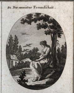 Alegoria de amizades inúteis segurando um ninho permitindo que as andorinhas voem para longe. Gravação em "Iconologie oder Ideen aus dem Gebiet der Leidenschaften und Allegorien bildestellt fur Zeichner, Mahler, Dichter, Gelehrte, Erzieher und freunde Hohe de Austrian School