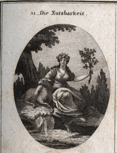 Alegoria de utilidade. Coroada com uvas e apuyee em uma ovelha, ela segura um ramo de carvalho cheio de frutas e folhas simbolizando coisas úteis à vida, assim como a água da nascente perto da qual ela se senta. Gravura em "Iconologie oder Ideen aus dem Ge de Austrian School