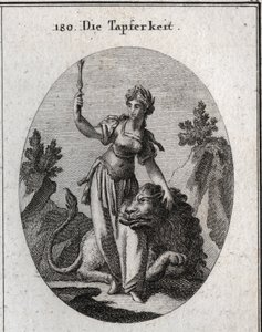 Alegoria de valor, coroada com louro, ela acaricia um leão domesticado por ela. O ceptro alto significa que a sua coragem a torna digna de comando. Gravura em "Iconologie oder Ideen aus dem Gebiete der Leidenschaften und Allegorien bildestellt dargestellt  de Austrian School