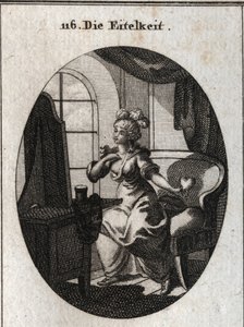 Alegoria da vaidade. Desejando agradar e ser considerada, ela é representada em frente ao seu banheiro se lisonjeando em frente ao espelho com um coração na mão. Gravura em "Iconologie oder Ideen aus dem Gebiete der Leidenschaften und Allegorien". de Austrian School