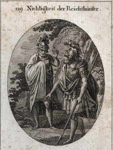 Alegoria da vaidade das riquezas: O Imperador Constantino O Grande traço na Terra com a sua lança um corpo humano e diz: "Se viesseis a adquirir todas as riquezas do mundo, no final, só restaria este espaço, se vos fosse concedido. Gravando em de Austrian School