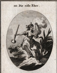 Alegoria de glória venosa segurando uma trombeta e respirando o cheiro do incenso com satisfação. Gravura em "Iconologia ou Idéias do Campo das Paixões e Alegorias ilustradas para desenhistas, pintores, poetas, estudiosos, educadores, e de Austrian School