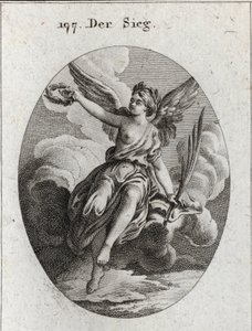 Alegoria de vitória. Ela tem asas e segura uma palma e uma coroa de louros. Gravação em "Iconologie oder Ideen aus dem Gebiet der Leidenschaften und Allegorien bildestellt fur Zeichner, Mahler, Dichter, Gelehrte, Erzieher und freunde Hoherer Gesch de Austrian School