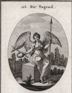 Alegoria da virtude. O cubo de mármore sobre o qual ela se senta deseja o solidito, e suas asas abertas significam que ele fica acima do vulgar. Gravura em "Iconologie oder Ideen aus dem Gebiete der Leidenschaften und Allegorien bildestellt dargestellt fur de Austrian School
