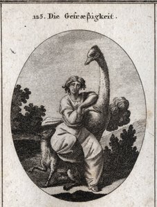 Alegoria de voracite. A avestruz é o atributo da ganância, acrescentamos um lobo magro e faminto para uma maior voracidade. Gravação em "Iconologie oder Ideen aus dem Gebiet der Leidenschaften und Allegorien bildestellt fur Zeichner, Mahler, Dichter, G de Austrian School