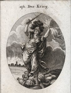 Alegoria de guerra. Ela segura um relâmpago e uma espada nua e quebra sob seus pés vasos de ouro e prata e uma estátua do deus Plutus que é simbolizada por um chifre de abundância e uma venda. No fundo, as muralhas de uma cidade em ruínas. Gravura em "Ic de Austrian School