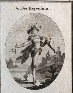 Alegoria de capricho. Seu traje e suas penas marcam a inconstância das fntaisias dos caprichosos. O fole e o esporão que ele segura mostram que ele elogia tanto a virtude quanto o vício indiferente. Gravura em "Iconologie oder Ideen aus dem Gebiete der Lei de Austrian School
