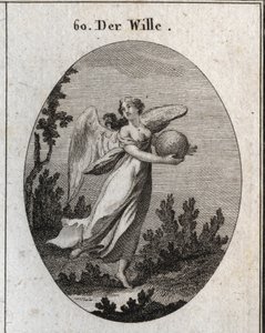 Alegoria da vontade. Ela é representada ailee e segura uma bola de cores diferentes. Gravura em "Iconologia ou idéias do campo das paixões e alegorias ilustradas para desenhistas, pintores, poetas, estudiosos, educadores e amigos". de Austrian School