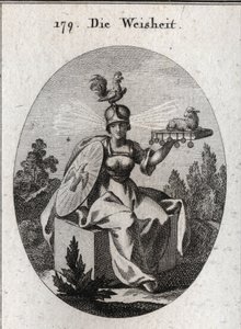 Alegoria da sabedoria. A sua roupa e as suas armas brancas definem a sua força e pureza. O galo no seu capacete é o símbolo da sua inteligência e vigilância. Os raios de luz que saem dos seus templos significam dignidade e santidade. O livro firme de sete de Austrian School