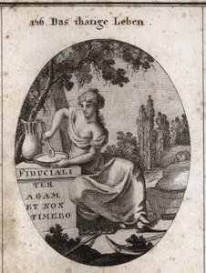 Alegoria da vida profissional à sombra de uma vinha. Ela é representada preparando-se para comer em um lago e balançando com o pé uma criança. Instrumentos de lavoura são colocados ao lado dela. Gravura em "Iconologie oder Ideen aus dem Gebiete der Leidens de Austrian School
