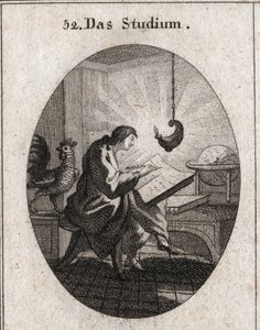 Alegoria de escrever para uma mesa iluminada pela luz. O galo é o atributo da viligência. Gravação em "Iconologie oder Ideen aus dem Gebiet der Leidenschaften und Allegorien bildestellt fur Zeichner, Mahler, Dichter, Gelehrte, Erzieher und de Austrian School