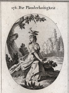 Alegoria de Babil. A sua cortina está cheia de cigarras e línguas. O seu atributo é o corvo. Gravura em "Iconologia ou Idéias do Campo das Paixões e Alegorias ilustradas para desenhistas, pintores, poetas, estudiosos, educadores e amigos". de Austrian School
