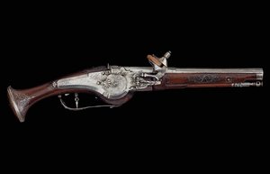 Pistola Carinthian (Ferlach) com mecanismo de bloqueio de roda incorporando um sistema de segurança automático interno, c.1650 (aço e nogueira) de Austrian School
