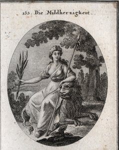 Alegoria de Clemence. Ela é representada segurando uma lança e um ramo de oliveira para indicar que ela tem o poder de punir, mas também de perdoar. O leão é o atributo da generosidade. Gravura em "Iconologie oder Ideen aus dem Gebiete der Leidenschaften u de Austrian School