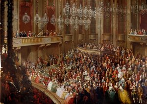 Concerto em Viena, na presença da família imperiosa. Pintura da escola austríaca do século XVIII. Castelo de Schonbrunn de Austrian School