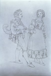 Figurinos para Figaro e Susanna da ópera &39;O Casamento de Figaro&39; por Wolfgang Amadeus Mozart (1756-91) (gravura) de Austrian School