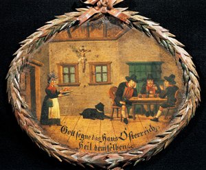 Clientes sentados à mesa na pousada e garçonete, sinal oval para a pousada, Áustria de Austrian School