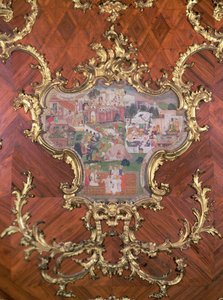 Detalhe de painéis incrustados com uma miniatura persa de um jardim de prazer com pessoas banqueteando-se com o Millionen-Zimmer, idealizado por Nikolaus Pacassi (1716-99) (madeira dourada de figo) de Austrian School