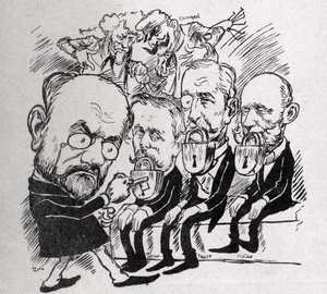 Emile Zola tenta abrir as fechaduras que fecham a boca dos Presidentes Jean Casimir-Perier (1847-1907) e Felix Faure (1841-1899), bem como do Presidente do Conselho Jules Meline (1838-1925), enquanto, ao fundo, Henri Rochefort (1831-1913) disse ao Com de Austrian School