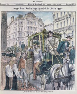 Imperador Franz Josef da Áustria, chegando à Catedral de Santo Estêvão, em Viena, para celebrar a festa de Corpus Christi (Fronleichnam), 1897; de Austrian School