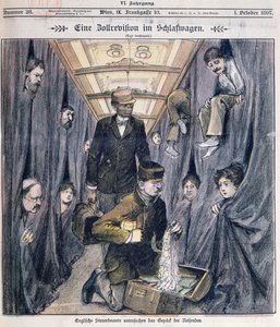 Funcionários da alfândega inglesa examinando a bagagem em um carro de dorminhoco de Austrian School