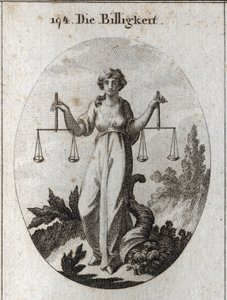 Alegoria patrimonial com duas escalas na mesma altura. Seu atributo é o corno da abnegação para mostrar que ela recompensa com bondade depois de ter sido corretamente autorizada. Gravura em "Iconologie oder Ideen aus dem Gebiete der Leidenschaften und Alle de Austrian School