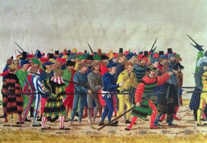 Halberdiers de Maximiliano I (1459-1519) que guarda prisioneiros franceses de Austrian School