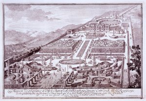 Magníficos jardins e palácio do Barão de Huldenburg, construído por ele em Widlingsau, 1719 de Austrian School