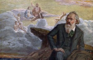 Postal representando Johannes Brahms (1833-1897) compondo sua primeira sinfonia Op.68, c.1900 de Austrian School