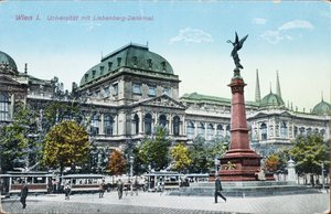 Postal representando a Universidade de Viena e o Monumento Liebenberg, c.1915 de Austrian School