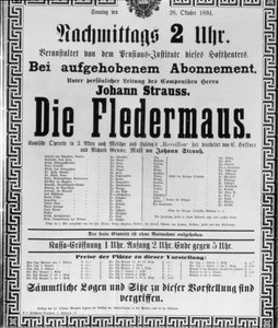 Cartaz publicitário &39;Die Fledermaus&39; de Johann Strauss the Younger, para uma performance na Ópera Estatal de Viena, 28 de outubro de 1894 (lito)