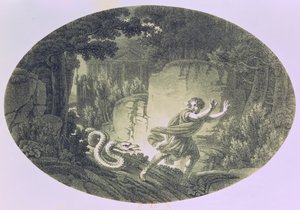 Tamino perseguido por uma serpente gigante, Ato I cena I de &39;A Flauta Mágica&39; de Wolfgang Amadeus Mozart (1756-91) (gravura) de Austrian School