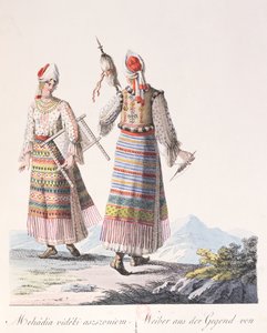 Mulheres em trajes tradicionais da região Mehadia, ilustração de um livro Fantasias de Hongrie por JH de Bikkesy, 1810 (gravura a cores) de Austrian School