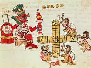 Gambling Patoli e o deus Xochipilli, do Codex Magliabechiano (velino)