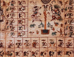 Representação das divindades astecas e caixas correspondentes ao calendário. Página do manuscrito asteca sobre casca de árvore "Codex Borbonicus", códice indígena pré-colombiano do México central, final do século XV. Biblioteca da Assembleia Nacional (Pala de Aztec