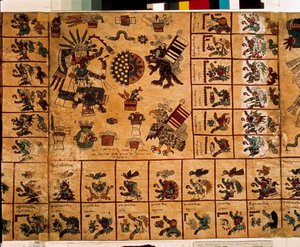 Representação das divindades astecas e caixas correspondentes ao calendário. Página do manuscrito asteca sobre casca de árvore "Codex Borbonicus", códice indígena pré-colombiano do México central, finais do século XV. Biblioteca da Assembleia Nacional (Pal de Aztec