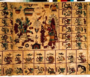 Representação das divindades astecas e caixas correspondentes ao calendário. Página do manuscrito asteca sobre casca de árvore "Codex Borbonicus", códice indígena pré-colombiano do México central, final do século XV. Biblioteca da Assembleia Nacional (Pala de Aztec