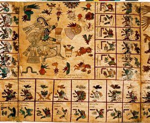 Representação das divindades astecas e caixas correspondentes ao calendário. Página do manuscrito asteca sobre casca de árvore "Codex Borbonicus", códice indígena pré-colombiano do México central, finais do século XV. Biblioteca da Assembleia Nacional (Pal de Aztec