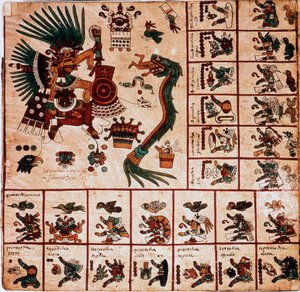 Representação de Quetzalcoatl e Tezcatlipoca, divindades astecas e caixas correspondentes ao calendário. Página do manuscrito asteca sobre casca de árvore "Codex Borbonicus", códice indígena pré-colombiano do México central, final do século XV. Biblioteca 